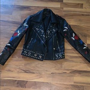 black faux leather jacket with embroidery